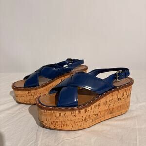 Prada Crisscross Blue Leather Wedge Sandals - EU 38 / US 7